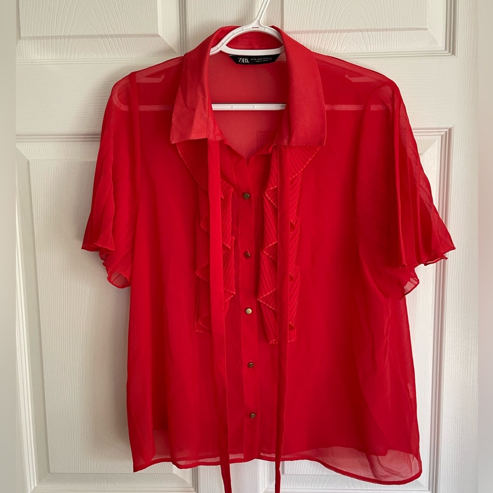 Red Sheer Ruffled Blouse